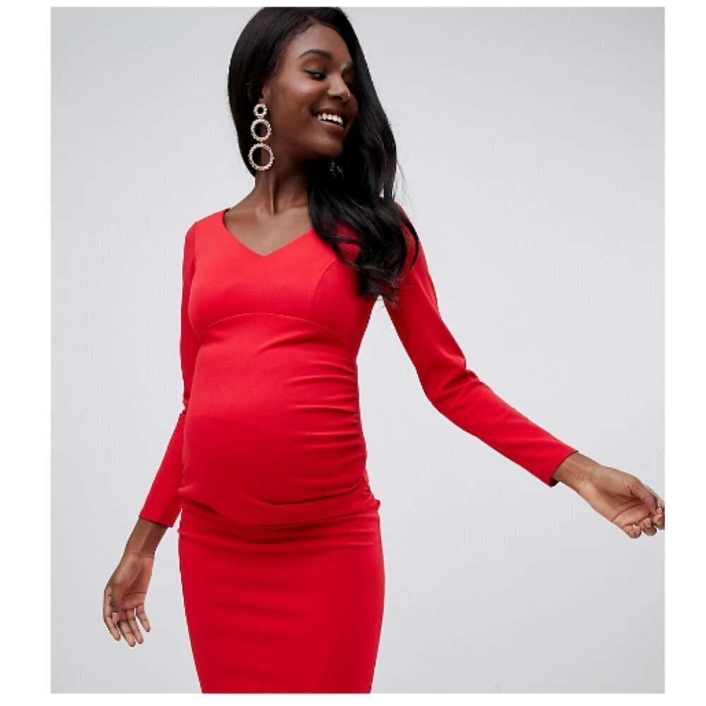 NWOT QUEEN BEE V NECK PENCIL MATERNITY DRESS IN RED-MULTI